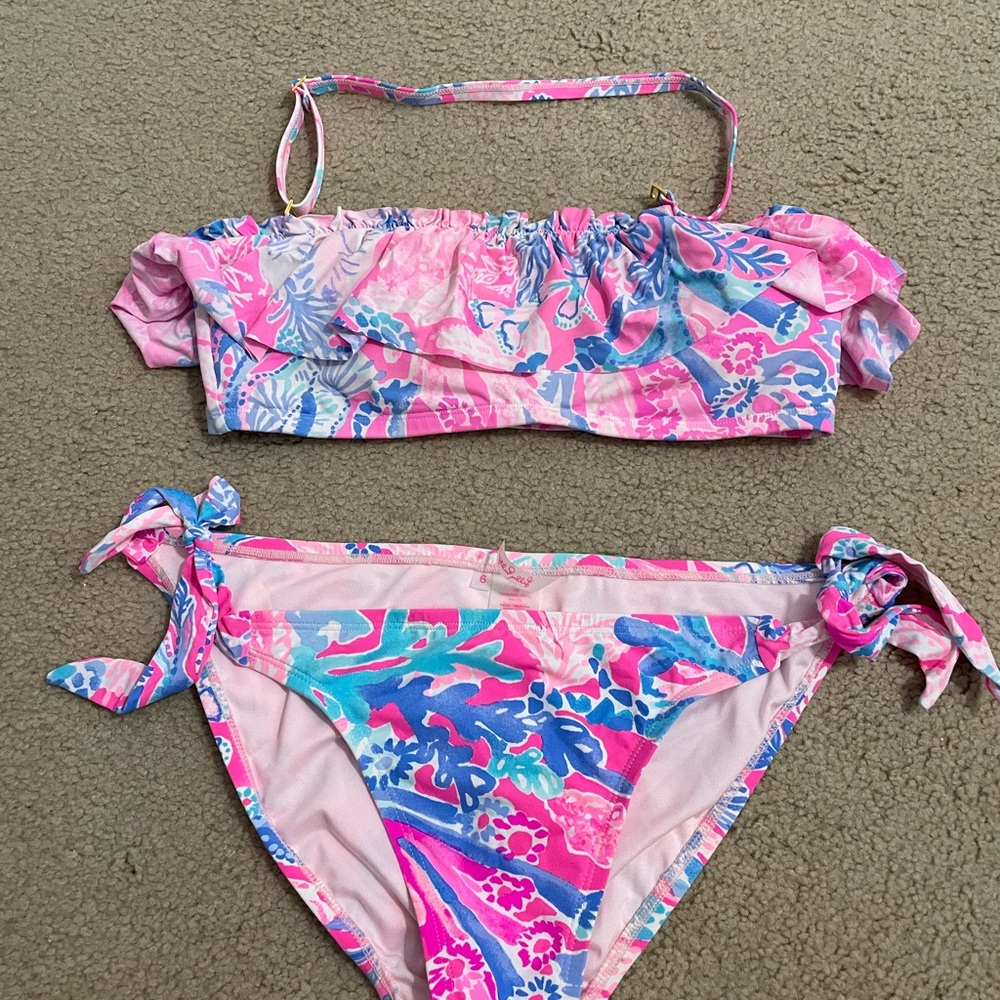Lilly Pulitzer Pink and Blue Bikini with Ruffled Bandeau